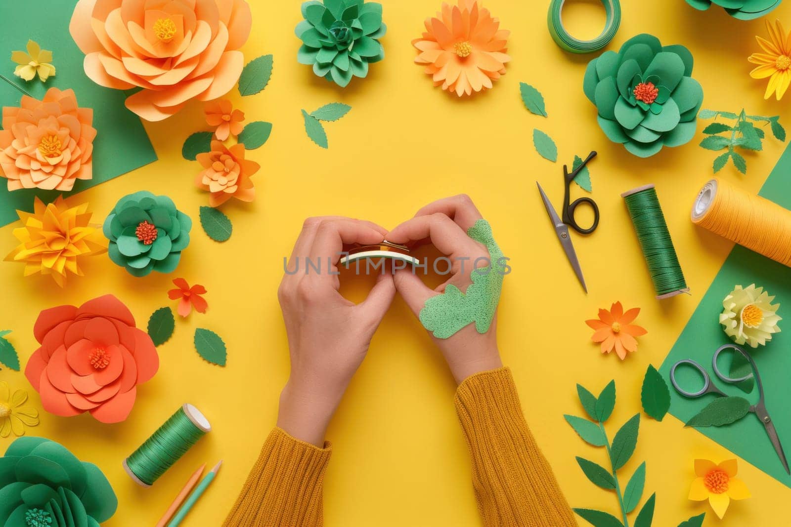 Woman's hands surrounded by paper flowers and craft supplies on yellow background, creative arts and crafts theme