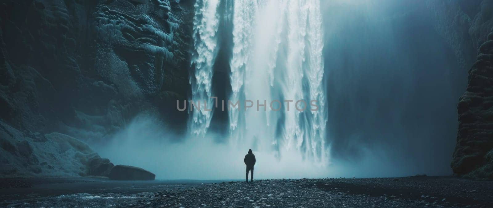 Majestic waterfall scenery with standing man and illuminated water flow travel adventure nature landscape conceptual beauty art expedition by Vichizh