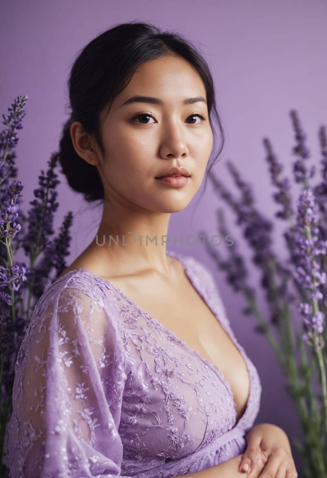 Individual in harmony with nature, standing among vibrant lavender blossoms in a floral patterned dress.