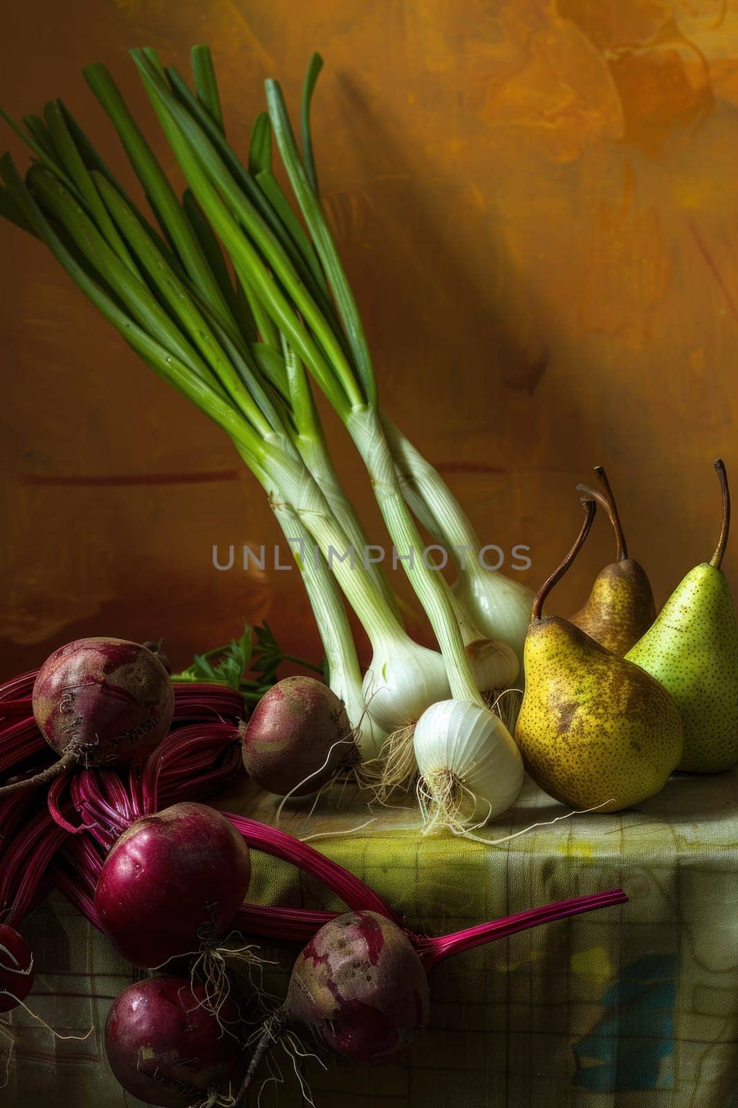 Organic vegetables and pear on table cloth for healthy eating and nutrition inspiration