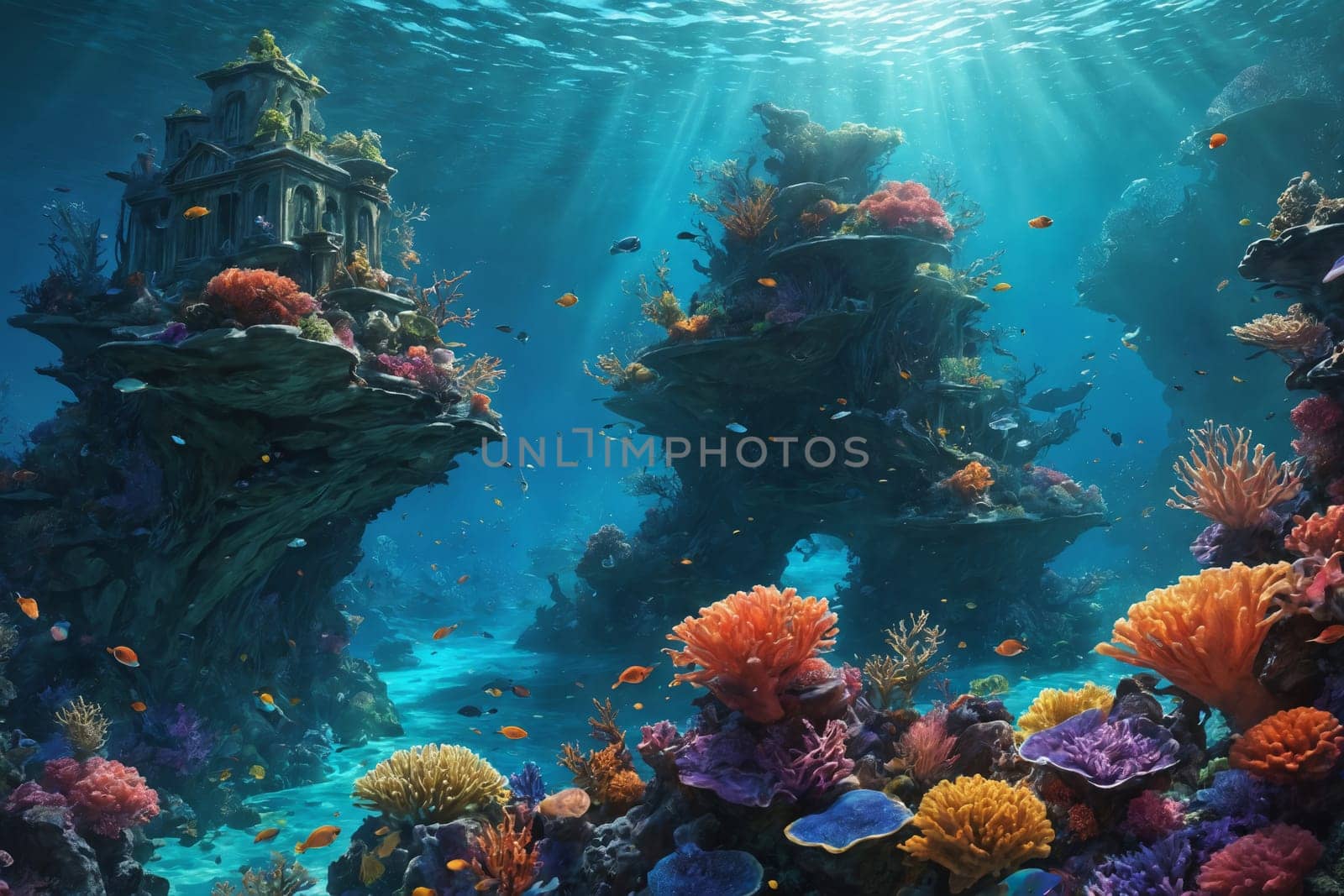 Dive into the tranquility of underwater life with this image showcasing sunlight-kissed corals and a variety of tropical fish. Ideal for marine biology or conservation themes.