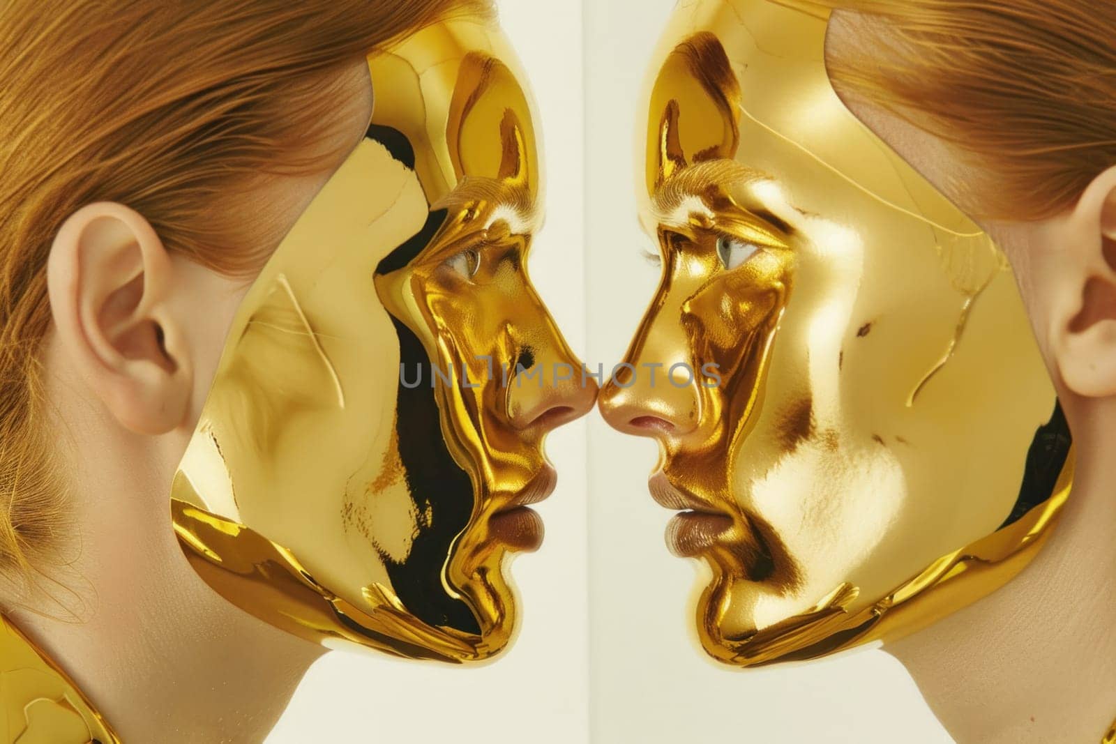 Beauty and glamour two women with gold foil face masks, indulging in luxurious skincare ritual