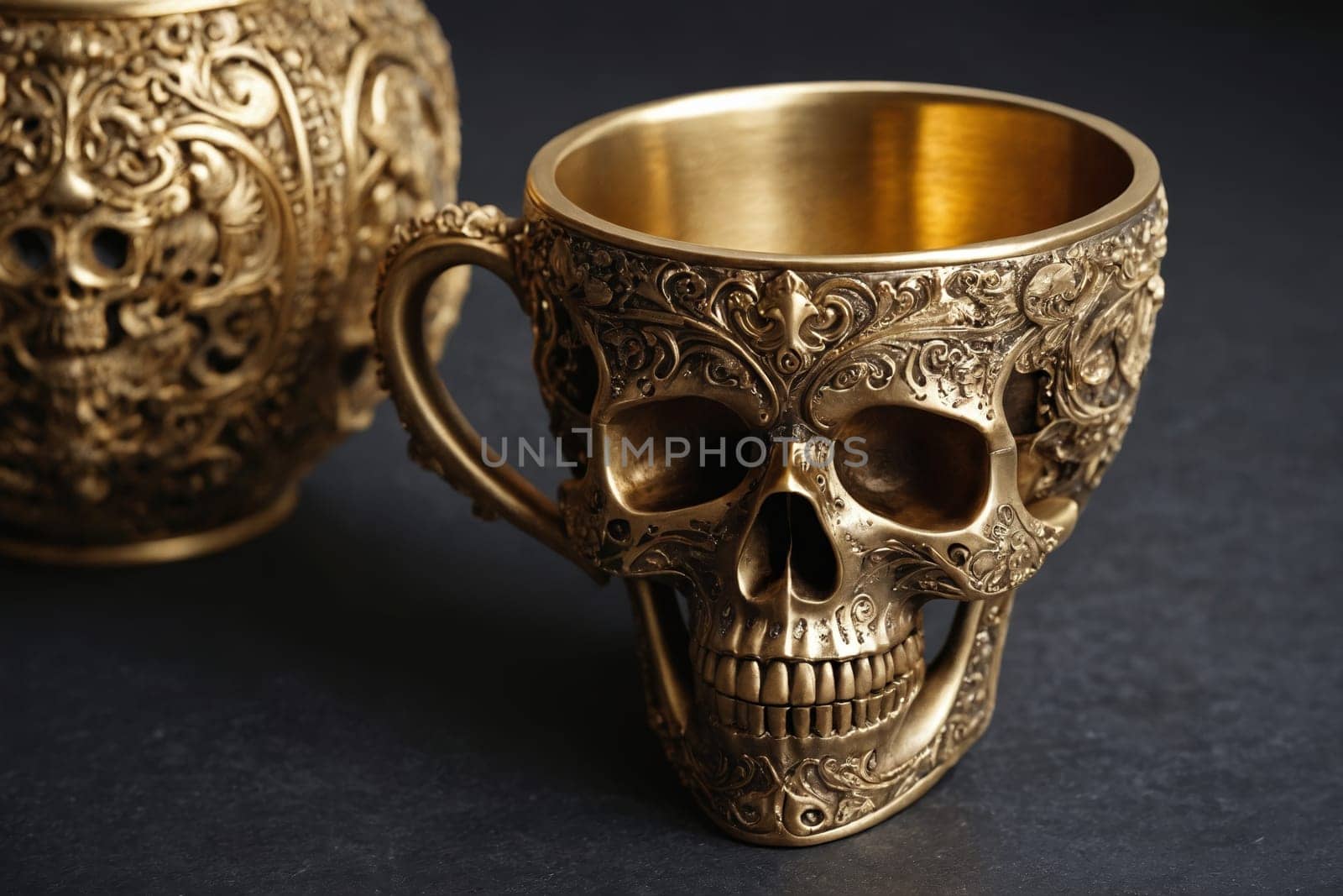 Embark on a historical adventure with this photograph of a skull-shaped drinking vessel with intricate engravings. Suited for antiquity, dark art, or gothic interests.