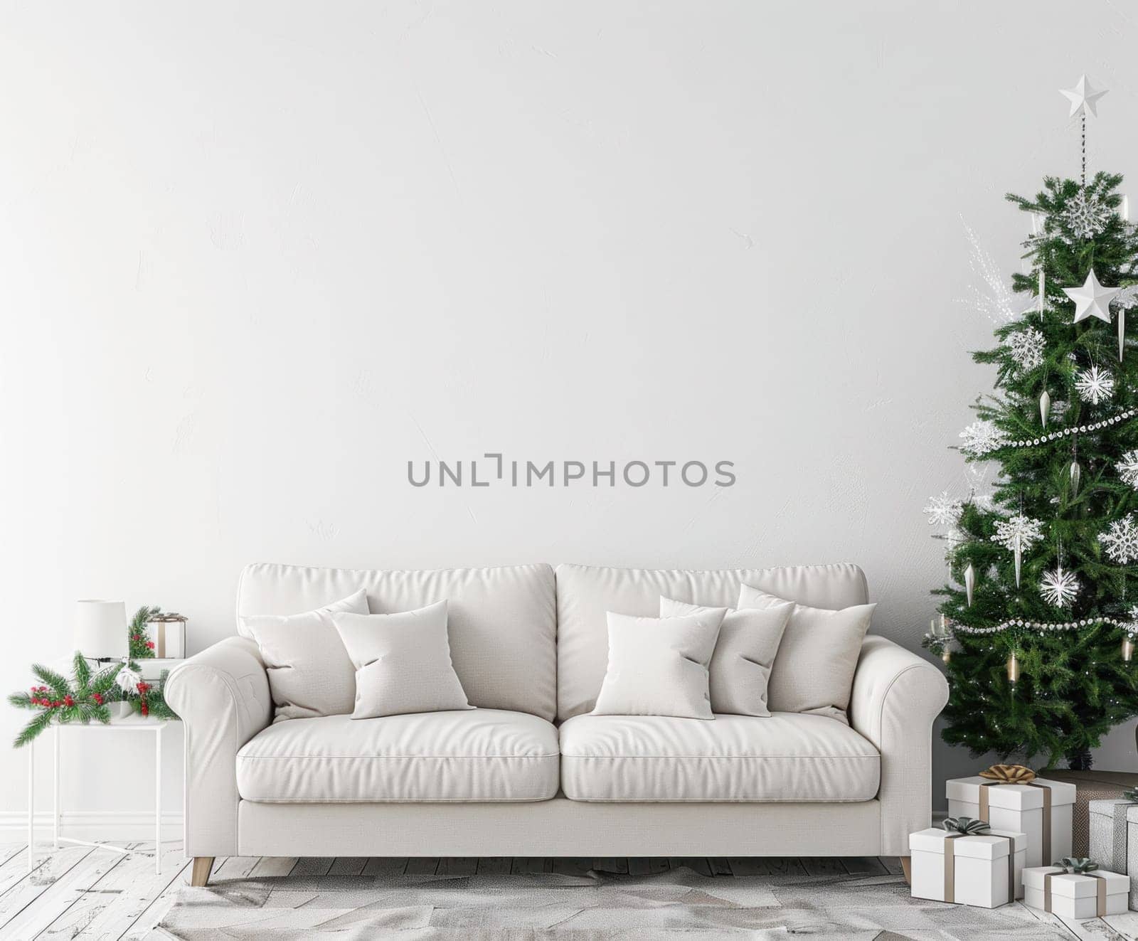 Festive white christmas tree and sofa in living room decorated with presents and ornaments