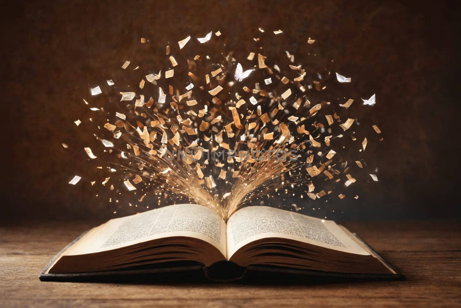 Dive into the world of fantasy and knowledge with this image of an old book stirring up a whirlwind of pages. Ideal for concepts related to literature, wisdom, or timeless beauty.
