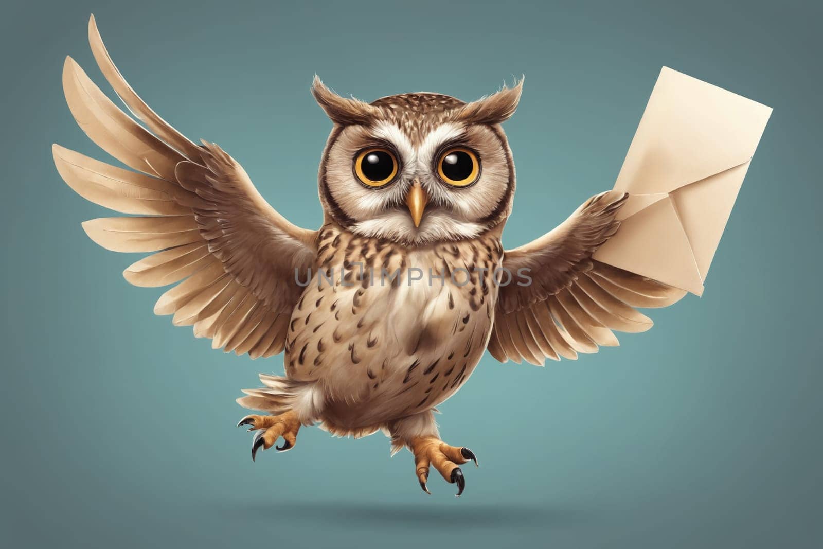This illustration of an owl holding an envelope in its beak makes for a captivating visual, ideal for showcasing themes of communication, wisdom, or magical fantasy.