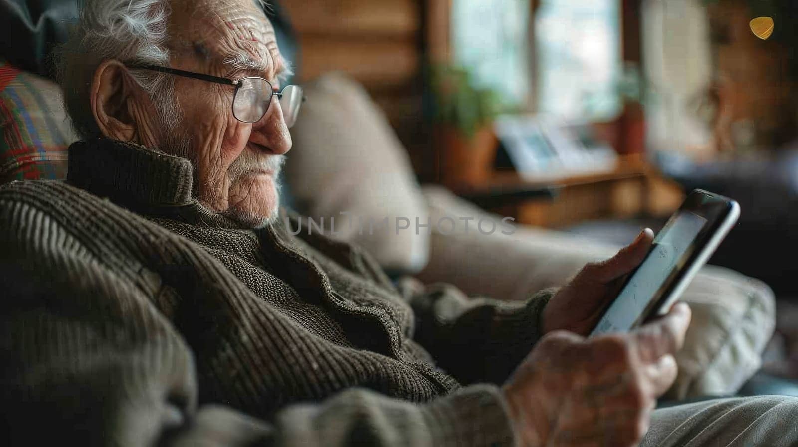 An elderly person in a wheelchair using a tablet device, with a caregiver assisting, highlighting the integration of technology in improving daily life.