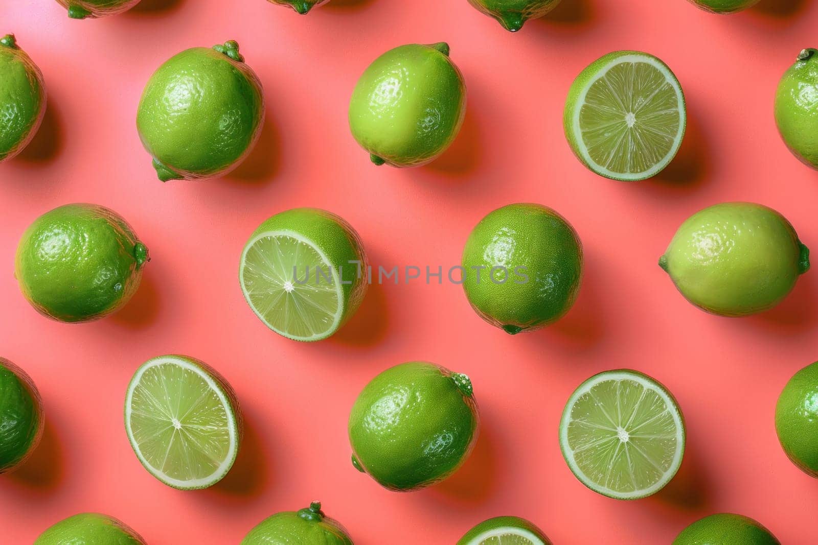 Citrus dream vibrant limes arranged in pattern on bright pink background for kitchen or food concepts
