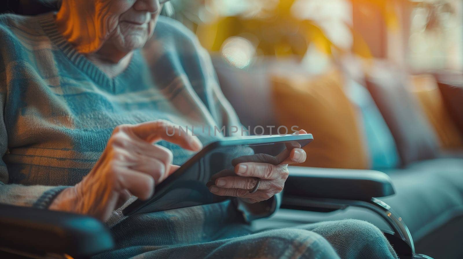 An elderly person in a wheelchair using a tablet device, with a caregiver assisting, highlighting the integration of technology in improving daily life.