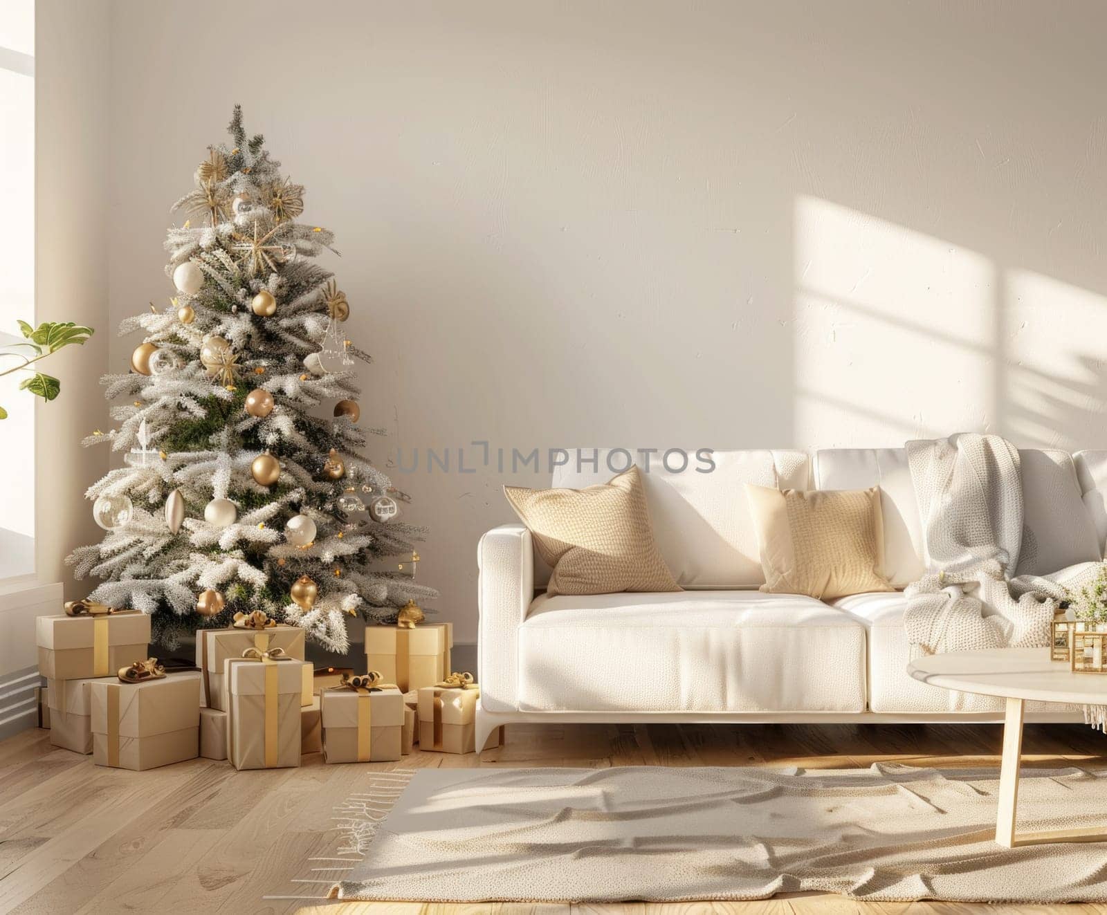 Cozy white living room with christmas tree, couch, and coffee table in holiday decorated home