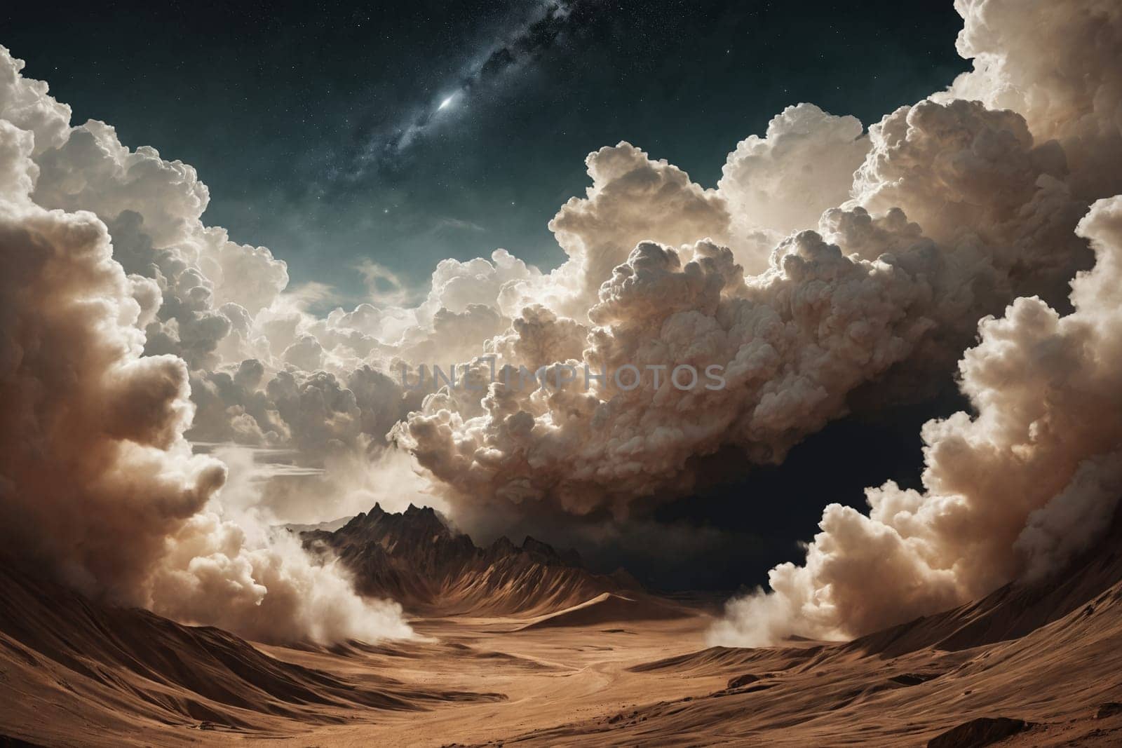 Surreal collision of celestial skies and volcanic ferocity in a barren landscape.