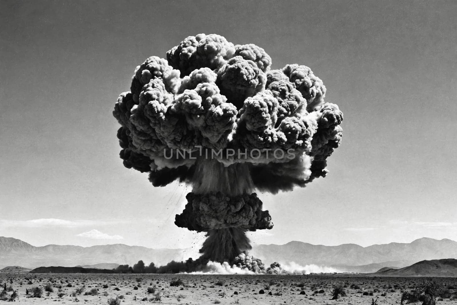 Stark black and white capture of a nuclear blast's mushroom cloud.