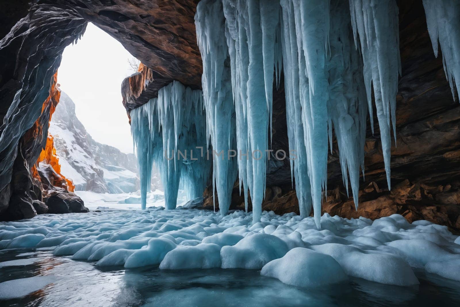Discover an otherworldly cavern of large icicles in hues of blue and white, looming over a frozen lake. A scene capturing nature's cold artistry.