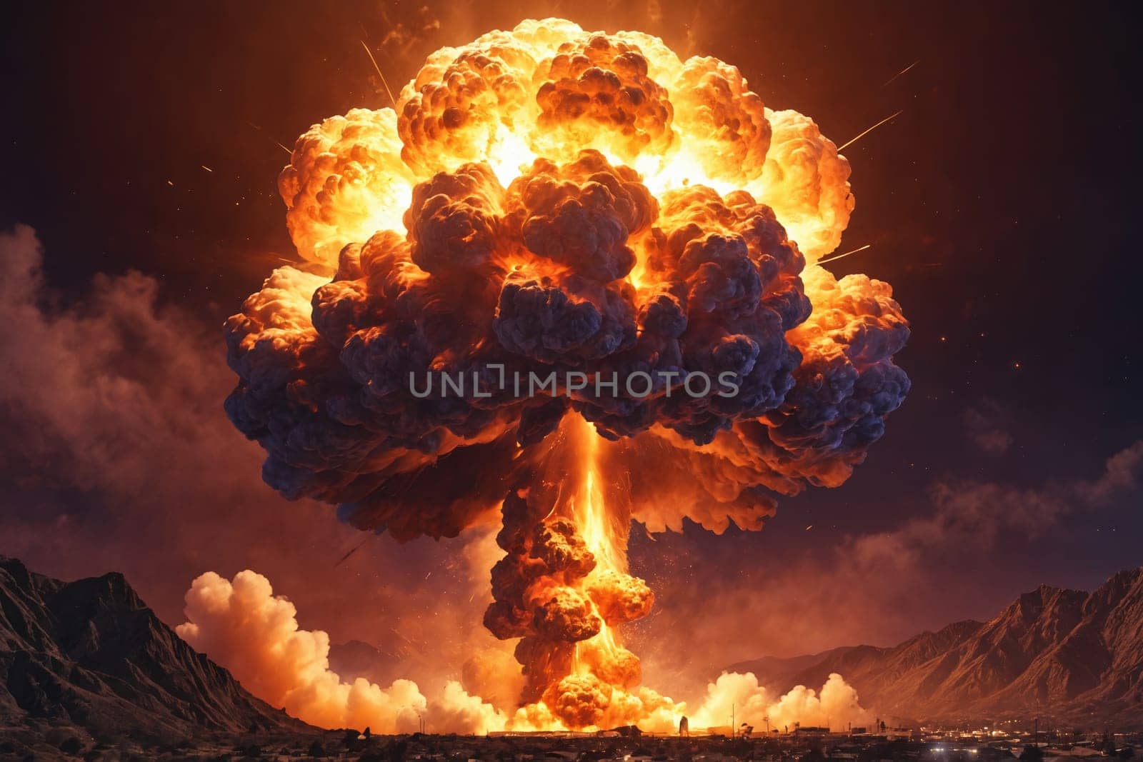 An apocalyptic vision as a towering mushroom cloud overtakes the city's horizon, signaling a moment of unparalleled destruction.