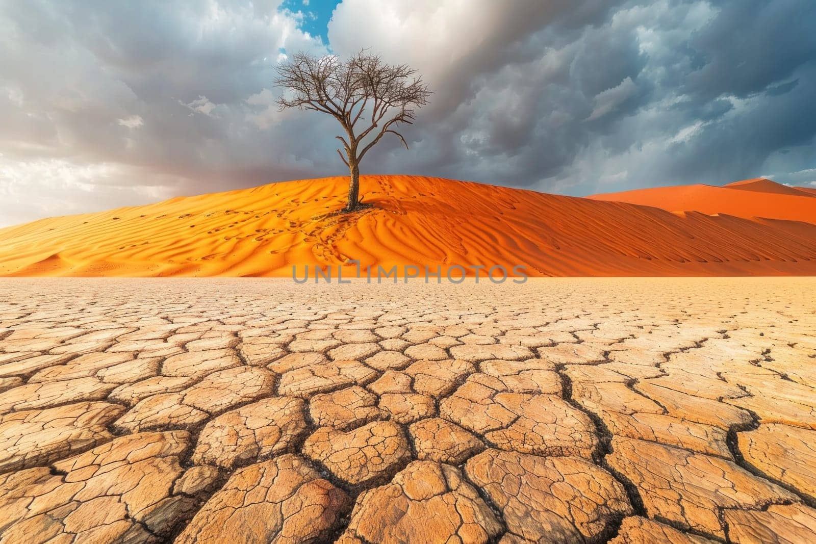 Lone tree in the arid namib desert under cloudy sky travel and nature exploration in africa