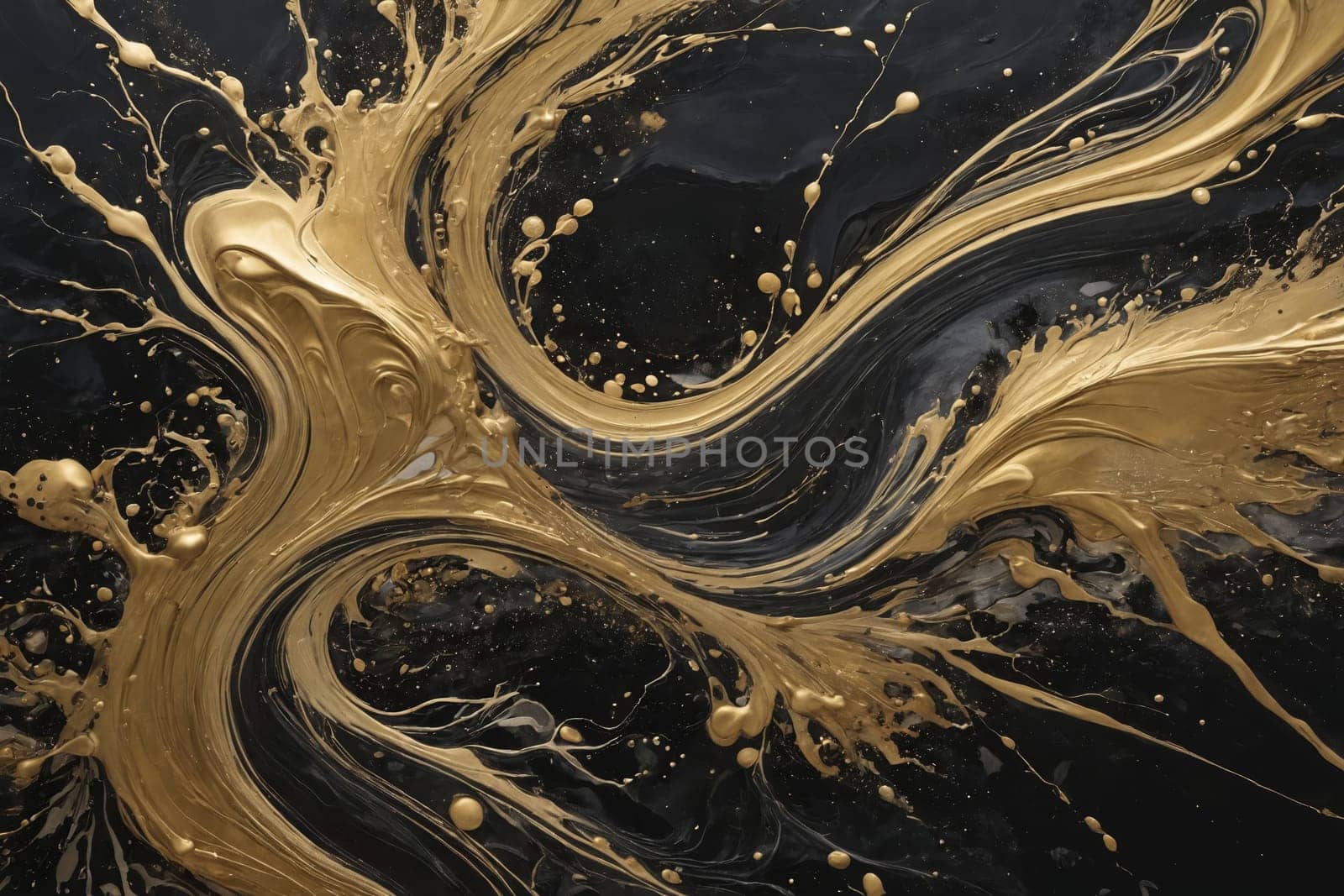 A close view into the dance of black and gold paints, creating an abstract masterpiece.