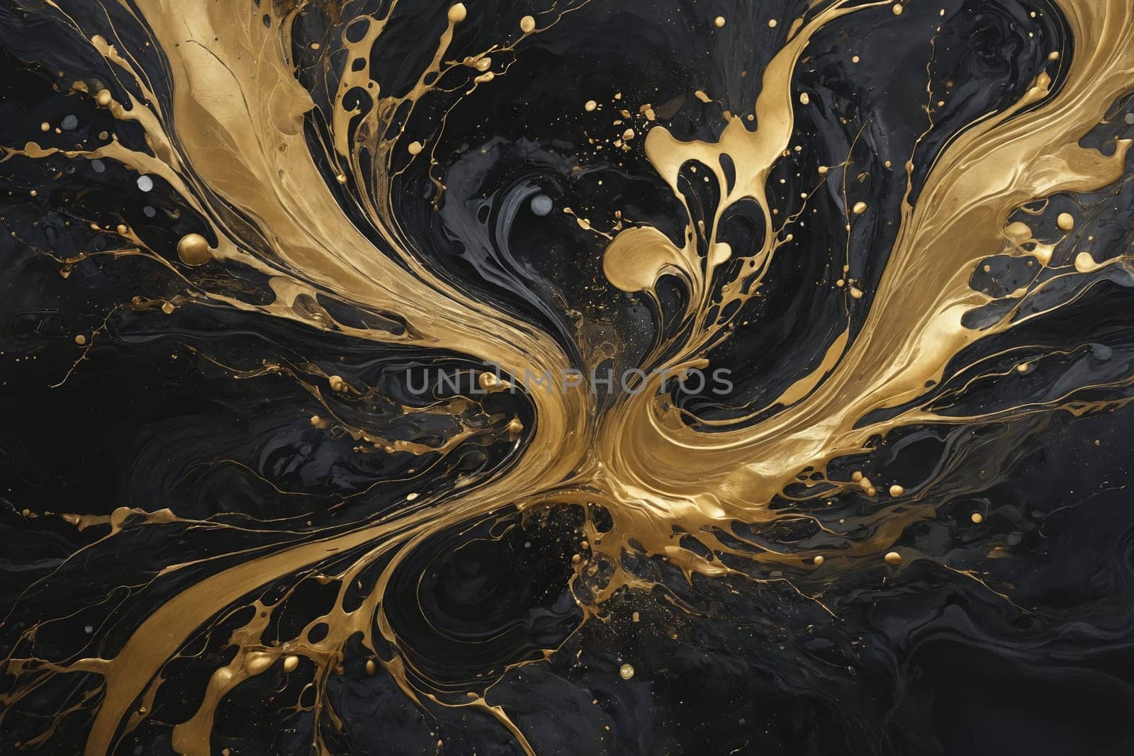 A captivating close-up of black and gold paint swirling in a hypnotic pattern.