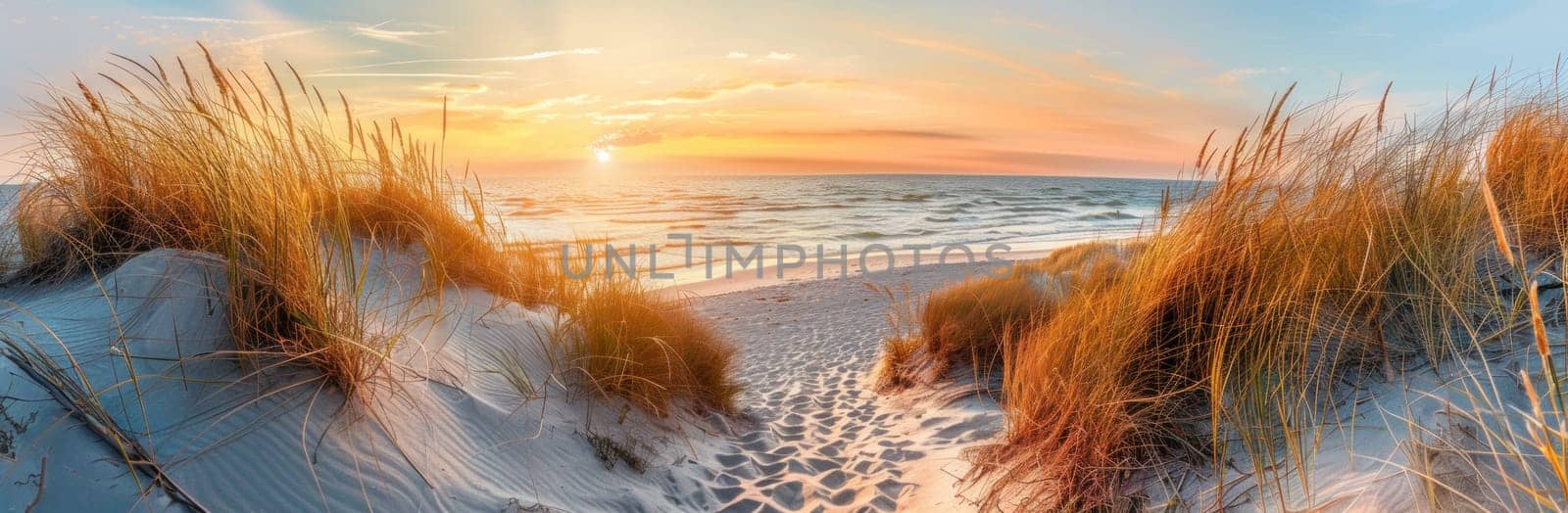 Scenic sunset view of beach with sand dunes, grass, and path leading to ocean for travel and nature lovers