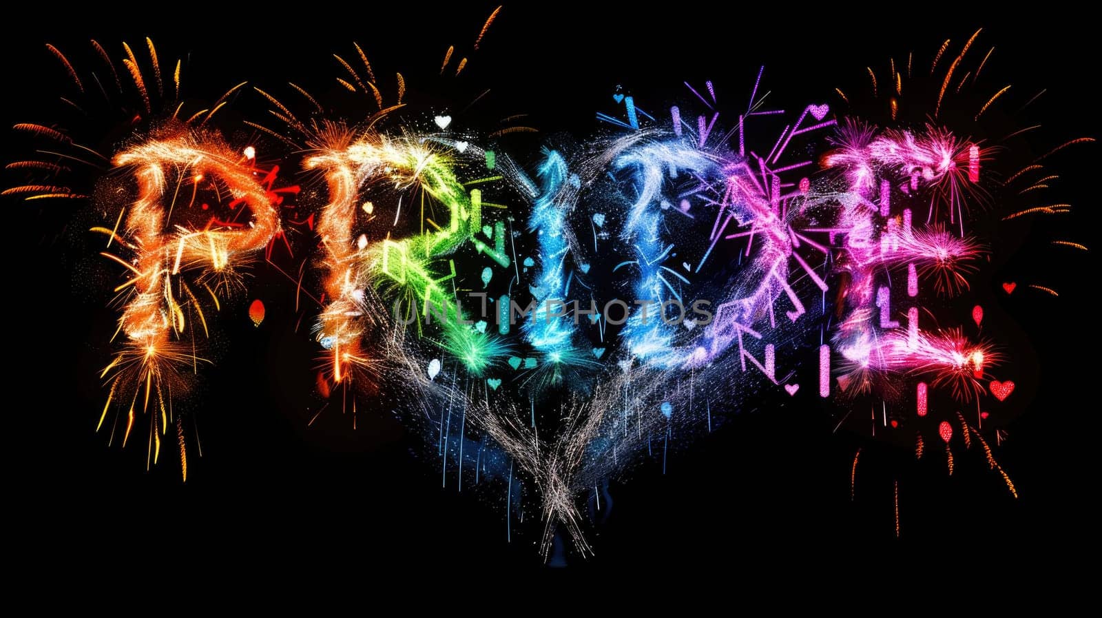 Image of PRIDE text and rainbow heart and fireworks exploding on black background.