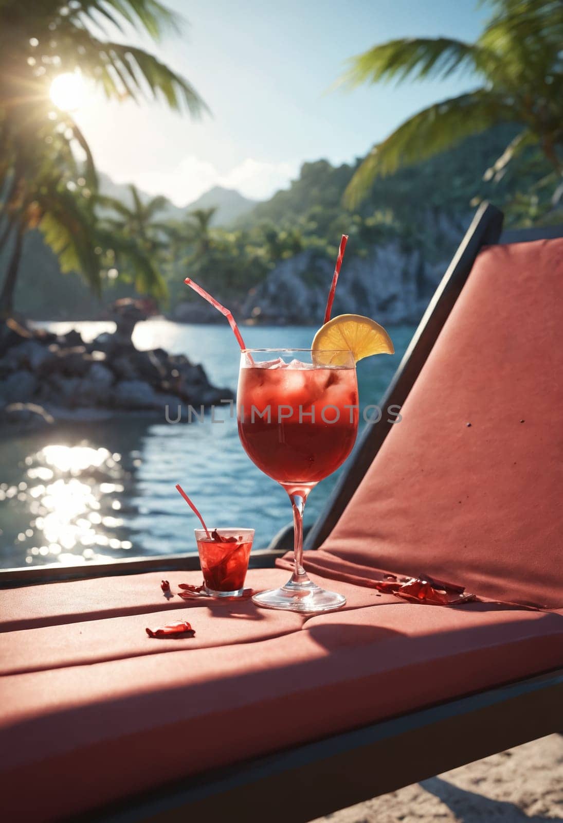 A red cocktail on a wooden surface captures the essence of a tropical beach getaway.