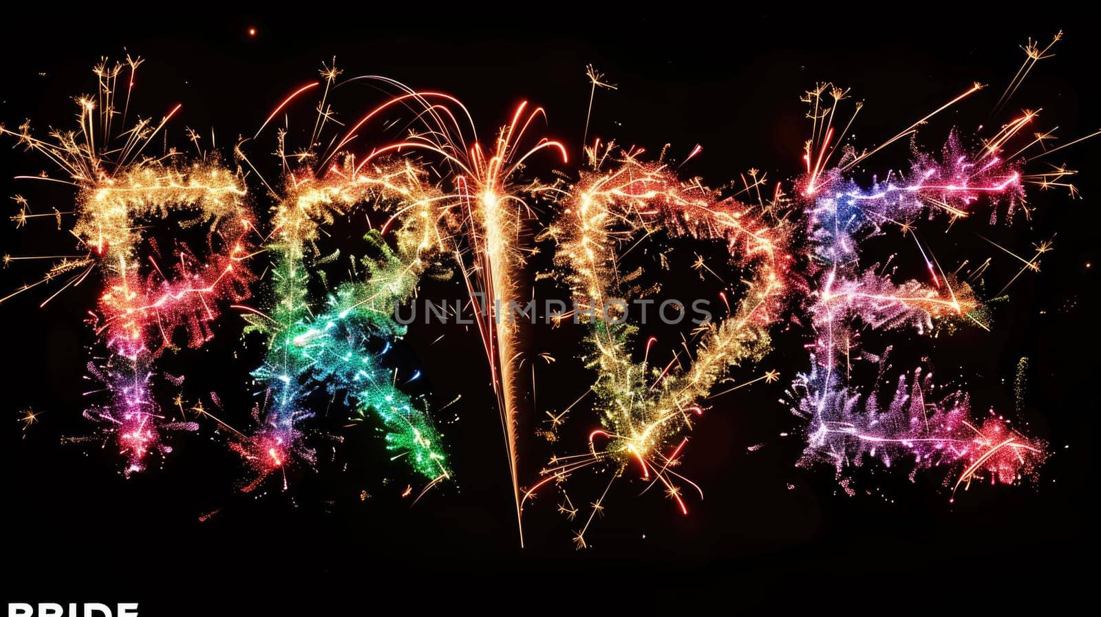 Image of PRIDE text and rainbow heart and fireworks exploding on black background.