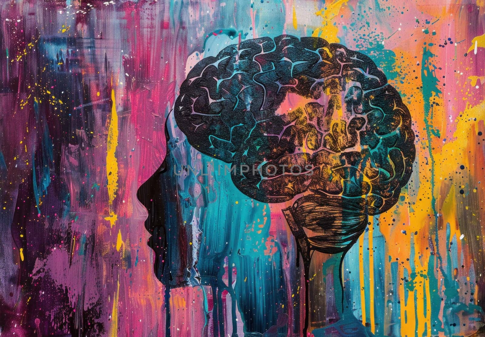 Abstract portrait of woman's brain on colorful background representing beauty, art and medical science