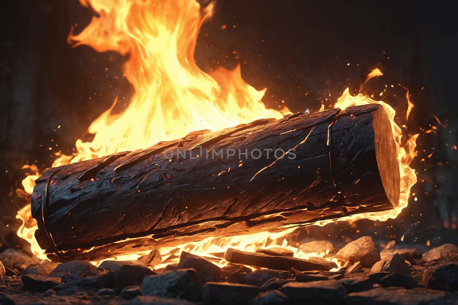 A vivid 3D scene captures the essence of a wood fire at night, with sparks scattering into the dark sky.