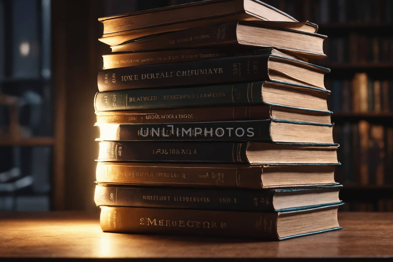 A warm glow envelops a stack of hardcover books, their blue and brown hues inviting a closer look in a cozy setting.