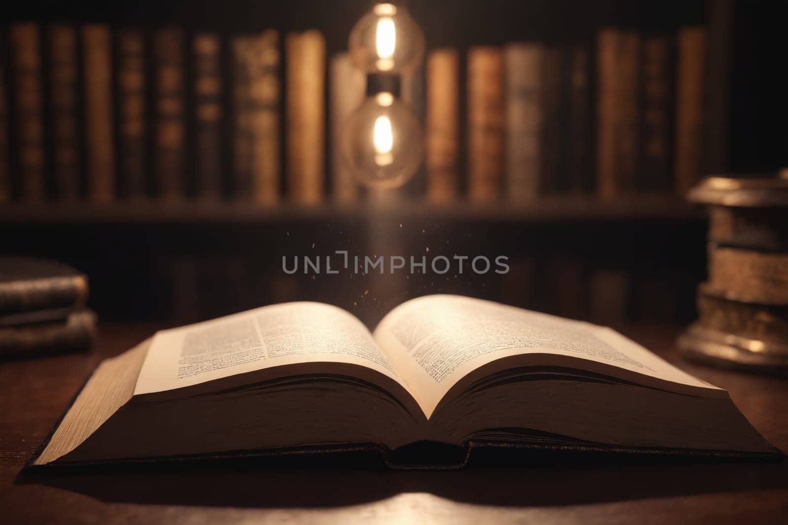 Open Book Bathed in Warm Artificial Light on a Wooden Surface by Andre1ns