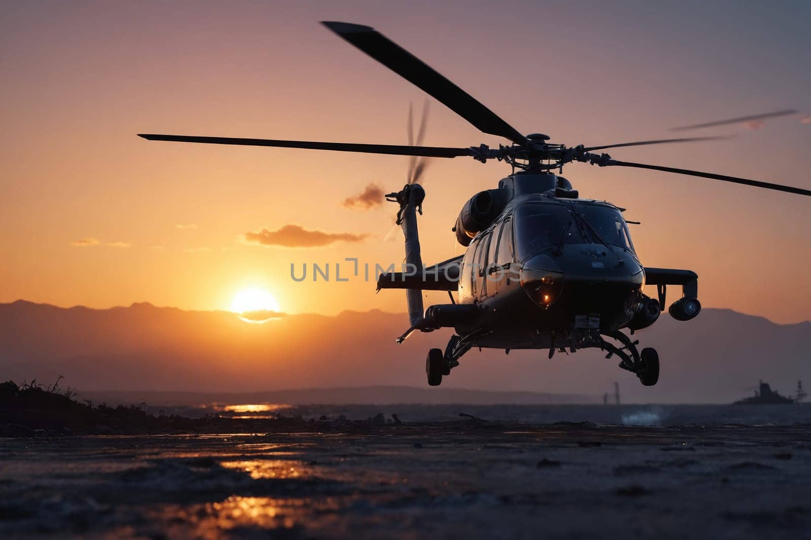 A powerful helicopter with its lights piercing the night, blades in motion, set against a twilight sky.