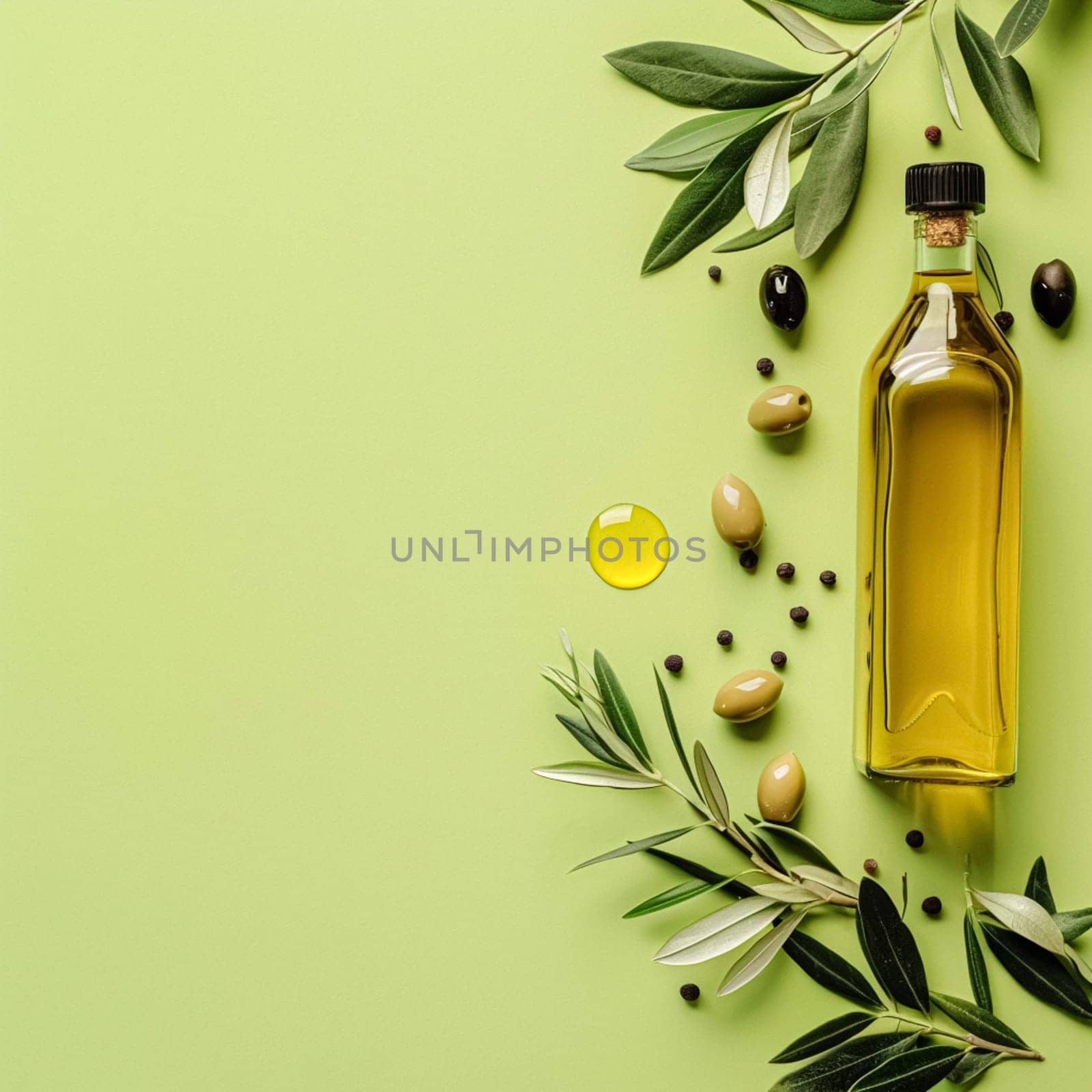 Olive oil bottle ad background with copyspace, vegetable oil commercial produce, food industry and retail concept