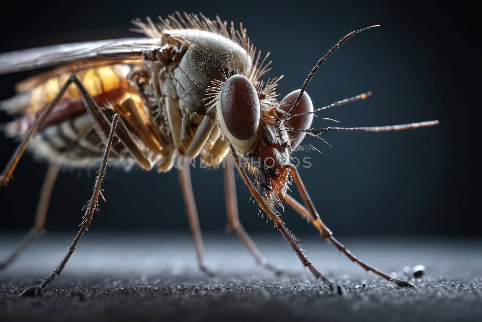Stunning close-up of a mosquito, showcasing its detailed eyes and textured wings with a soft-focus background.