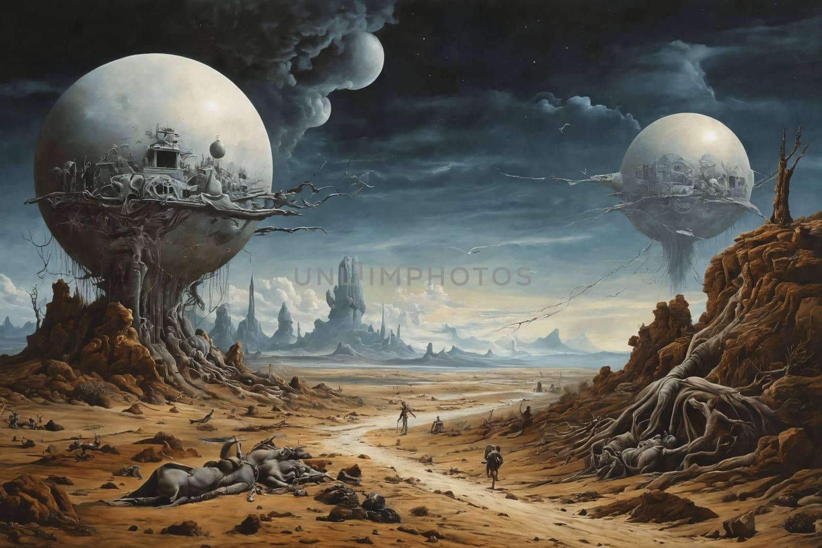 Two large, transparent spheres reveal complex inner workings in this barren, otherworldly landscape under a dark sky.