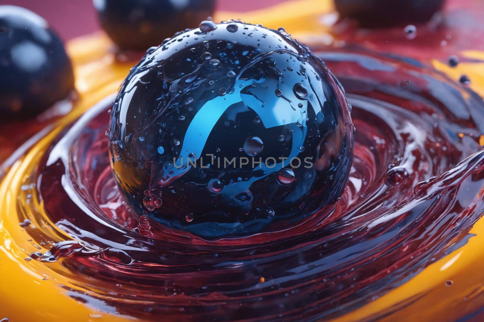 The elegance of a blue ball with delicate water droplets, set against a colorful splash backdrop.