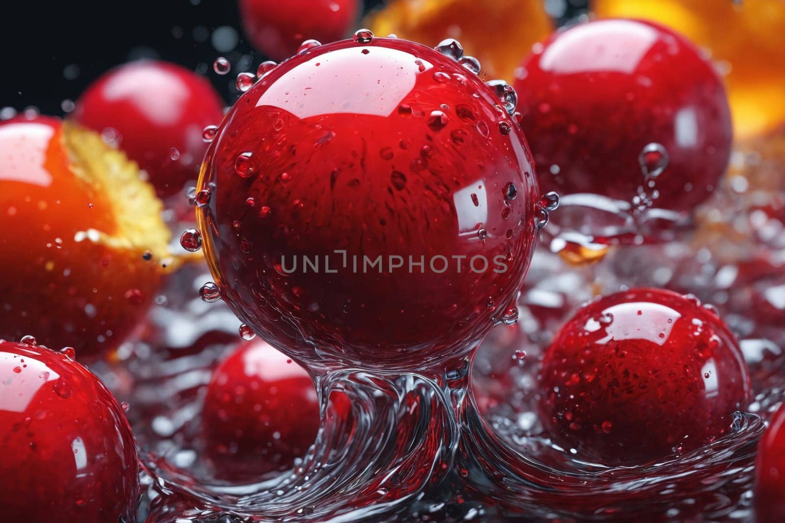 Close-up of red balls covered in water droplets, set against a warm yellow background.