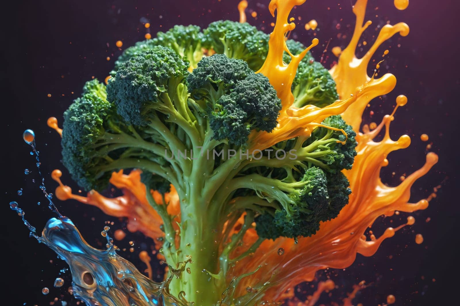 The freshness of broccoli captured with an energetic splash of orange on a vibrant background.