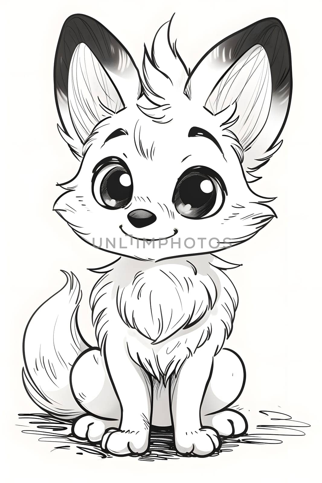 A black and white cartoon drawing of a happy fox sitting down, with a cute gesture and whiskers. The foxs eye, jaw, ear, and vertebrate are detailed in the art