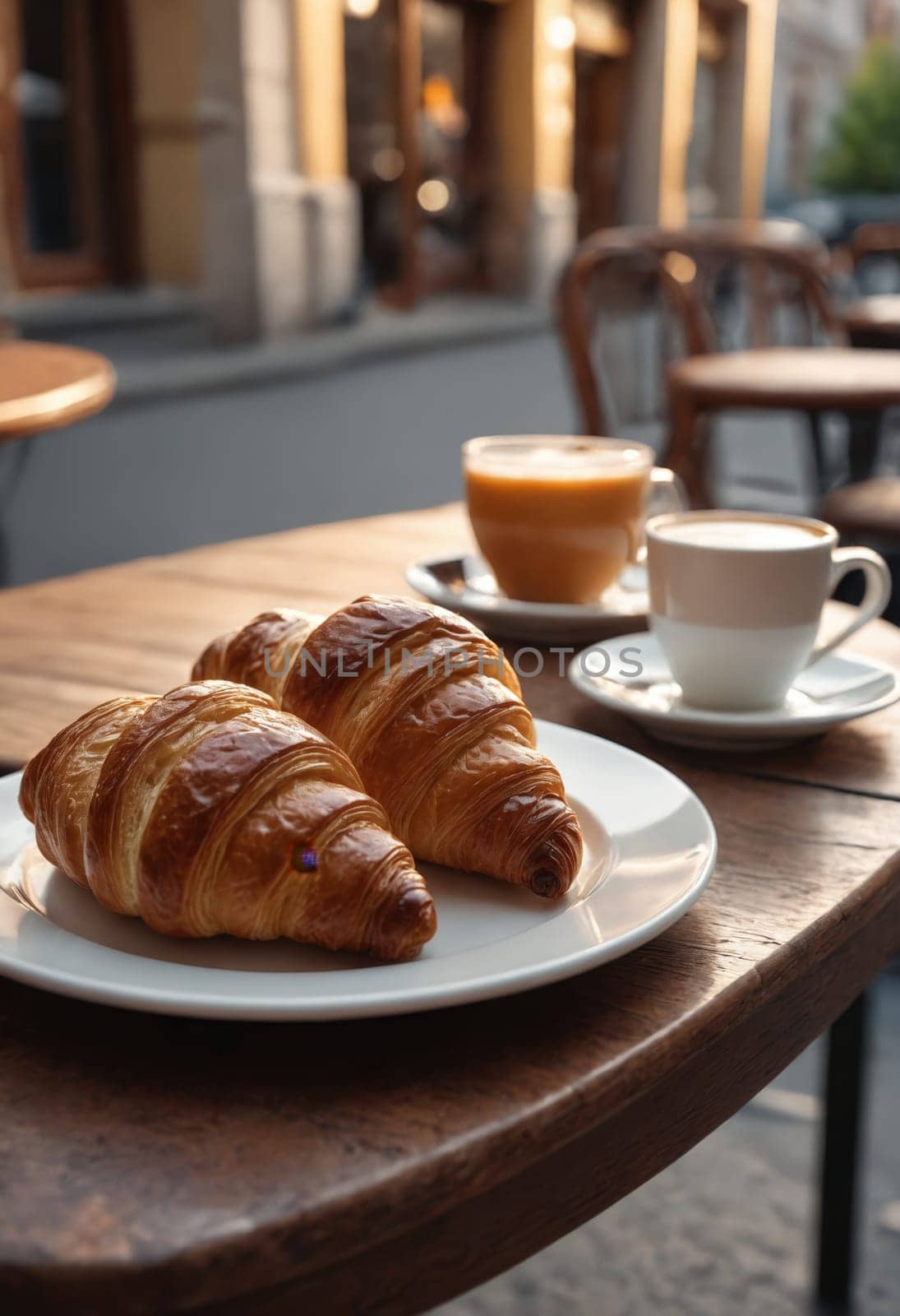 A tempting breakfast setup with golden croissants and a cup of coffee.