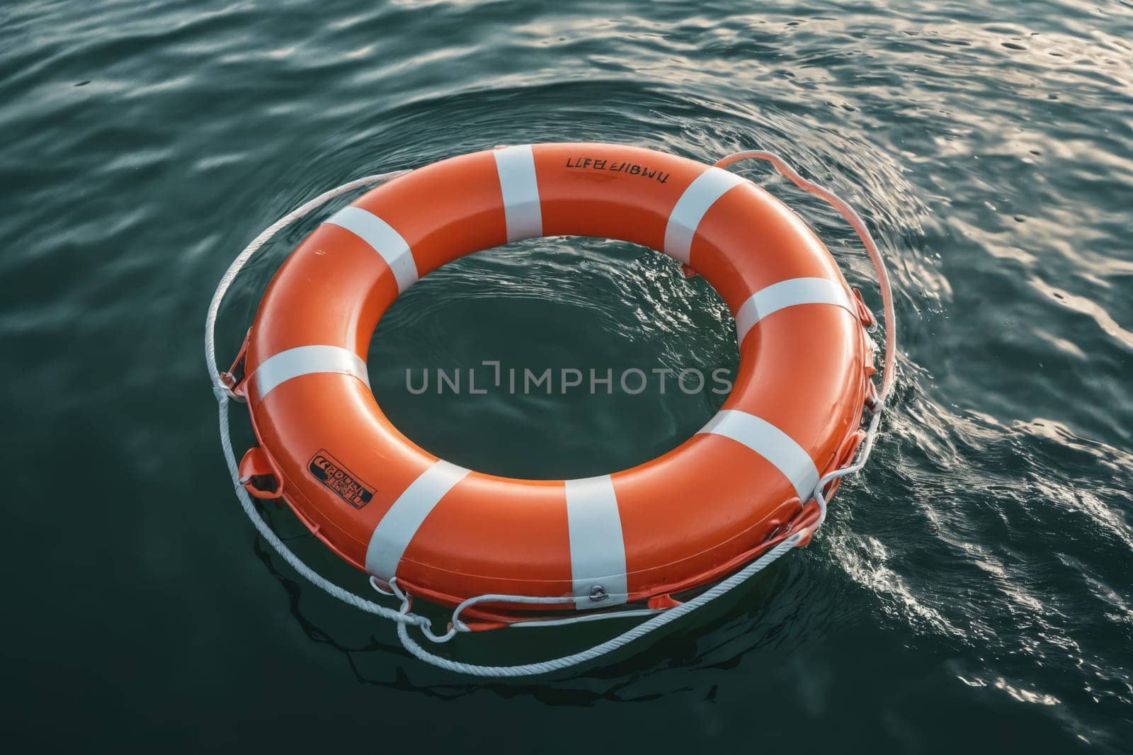 An orange lifesaver belt offers a striking contrast against the dark, expansive ocean.