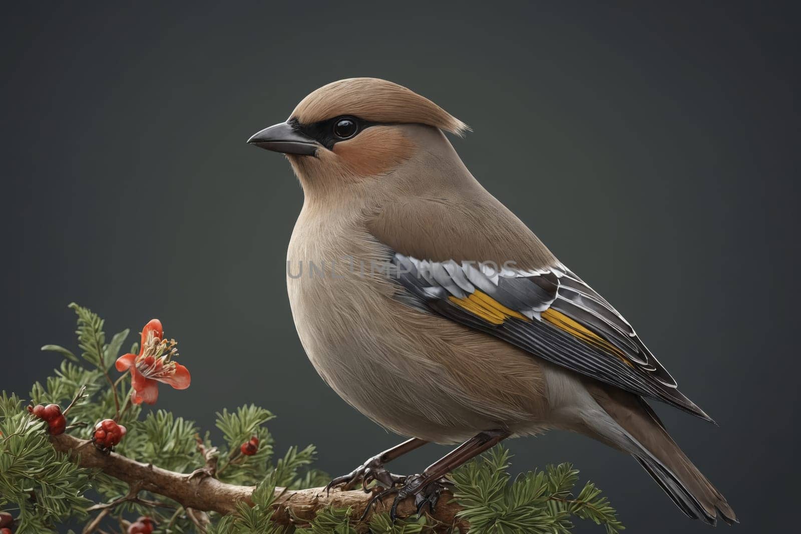 A 3D model captures the lifelike details of a bird perched on a branch with vibrant berries.