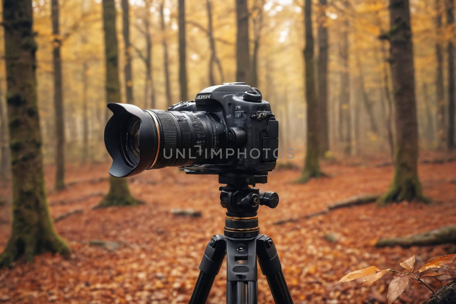 Nestled in a secluded forest, a camera on a tripod waits to capture the beauty of autumn.