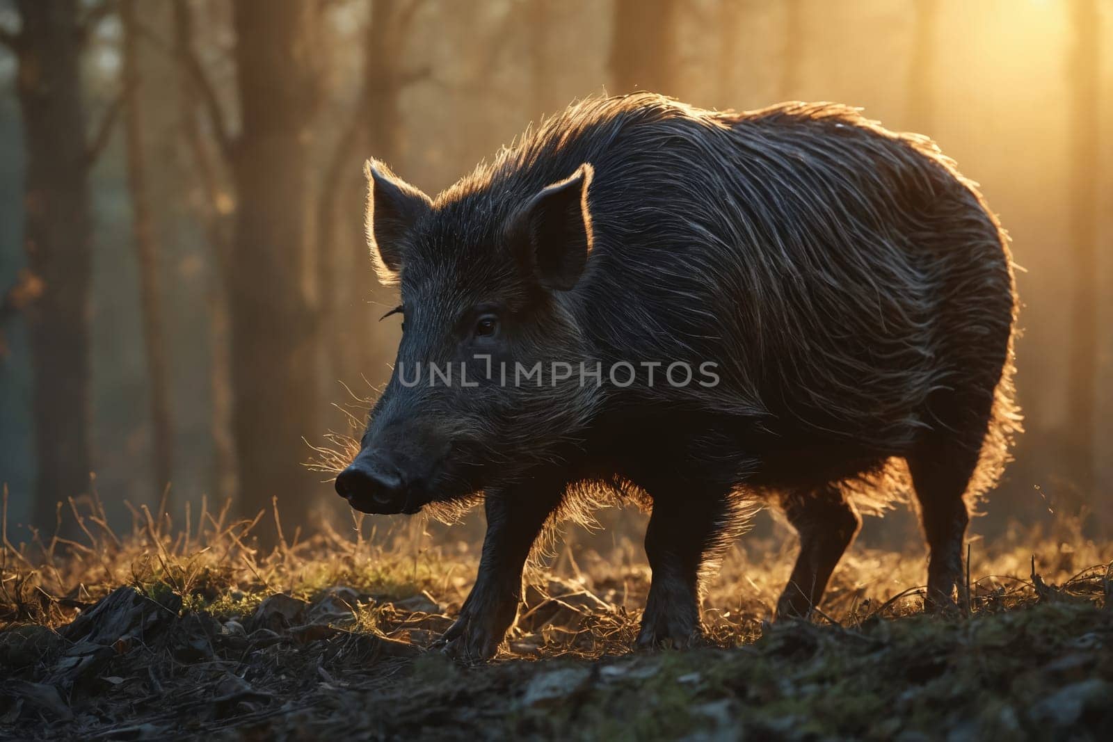 A wild boar looks curiously at the camera, illuminated by sunlight filtering through bare trees.