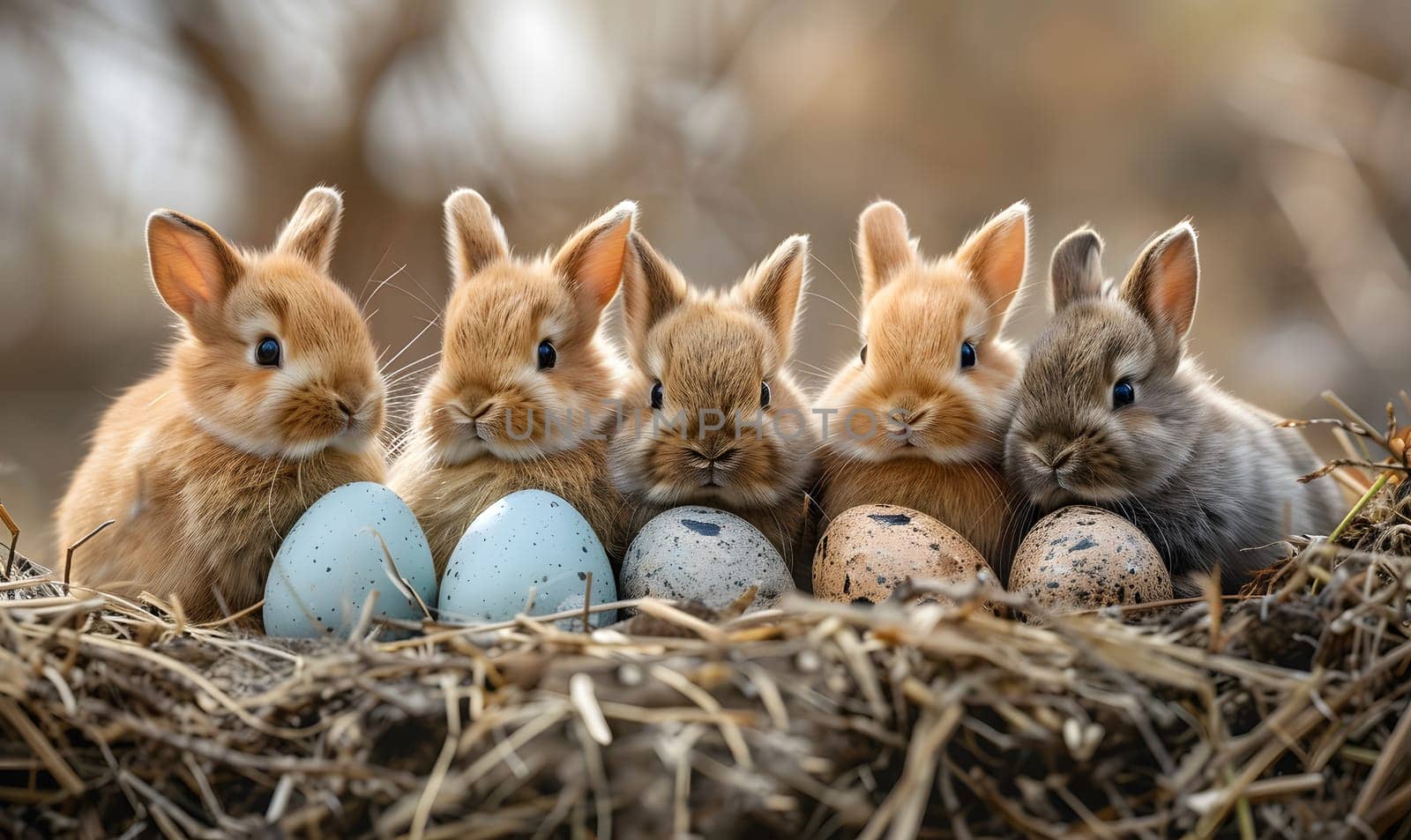 A group of baby rabbits, also known as leverets, sitting in a nest with eggs. This wildlife event showcases the terrestrial animals in their natural habitat, surrounded by grass and natural materials