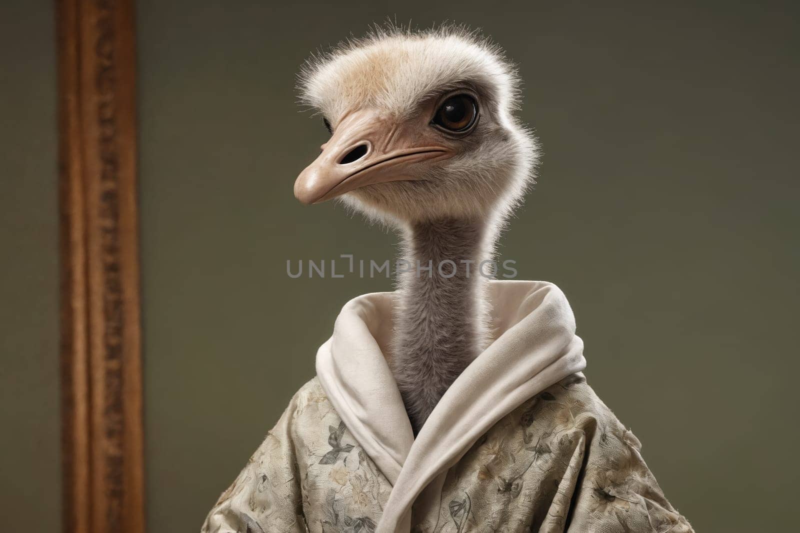 The unexpected elegance of an ostrich, captured in a striking pose wearing a dress.