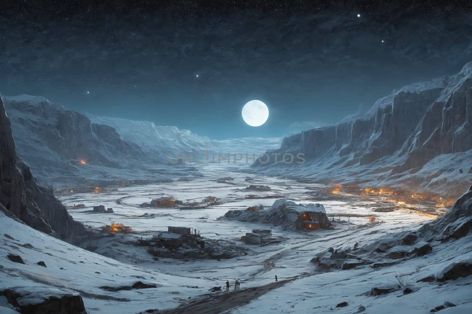 A serene, snow-covered valley cradled by mountains under the soft light of the moon, with a hint of habitation in the shimmering lights.