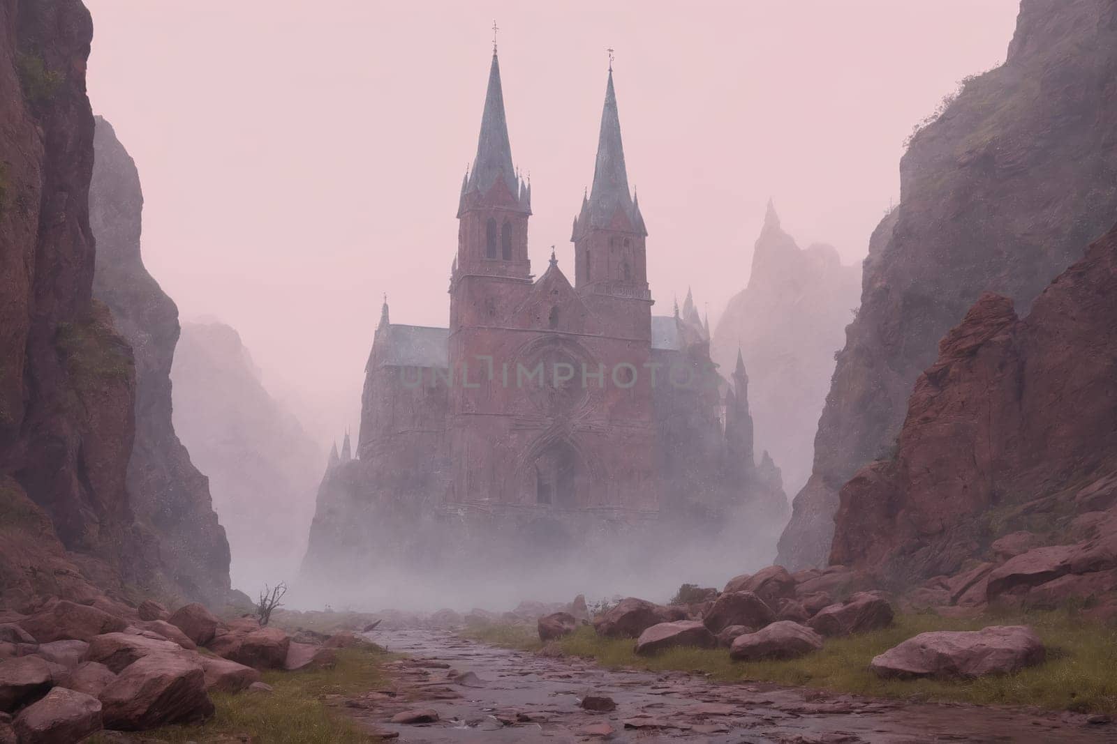 The image captures a serene moment of a church or cathedral standing tall among mist-covered mountains, illuminated in a gentle pink glow.