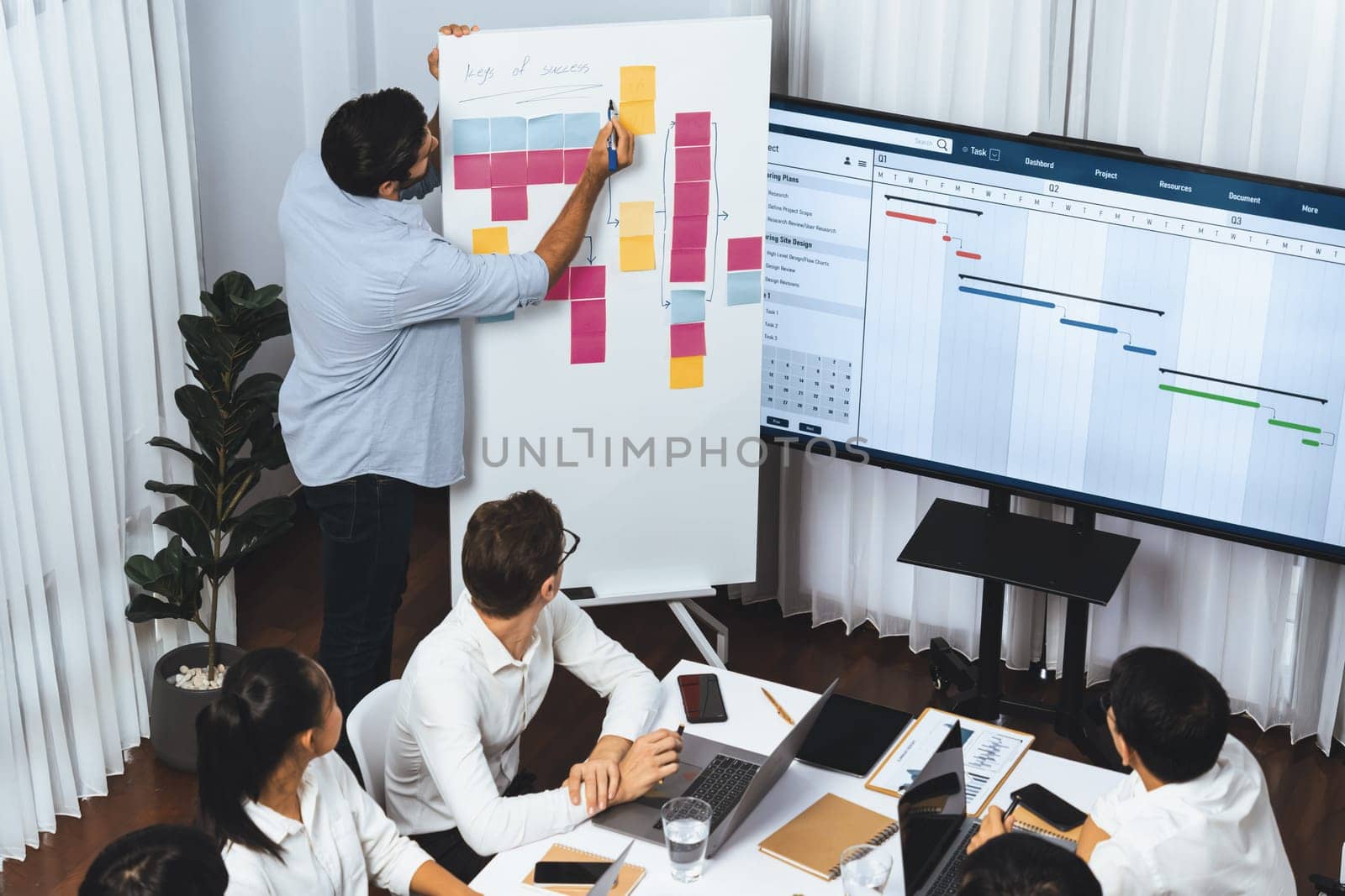 Project manager communicate and collaborate with team using project management software display on monitor, tracking progress of project task and making schedule plan at meeting table. Prudent