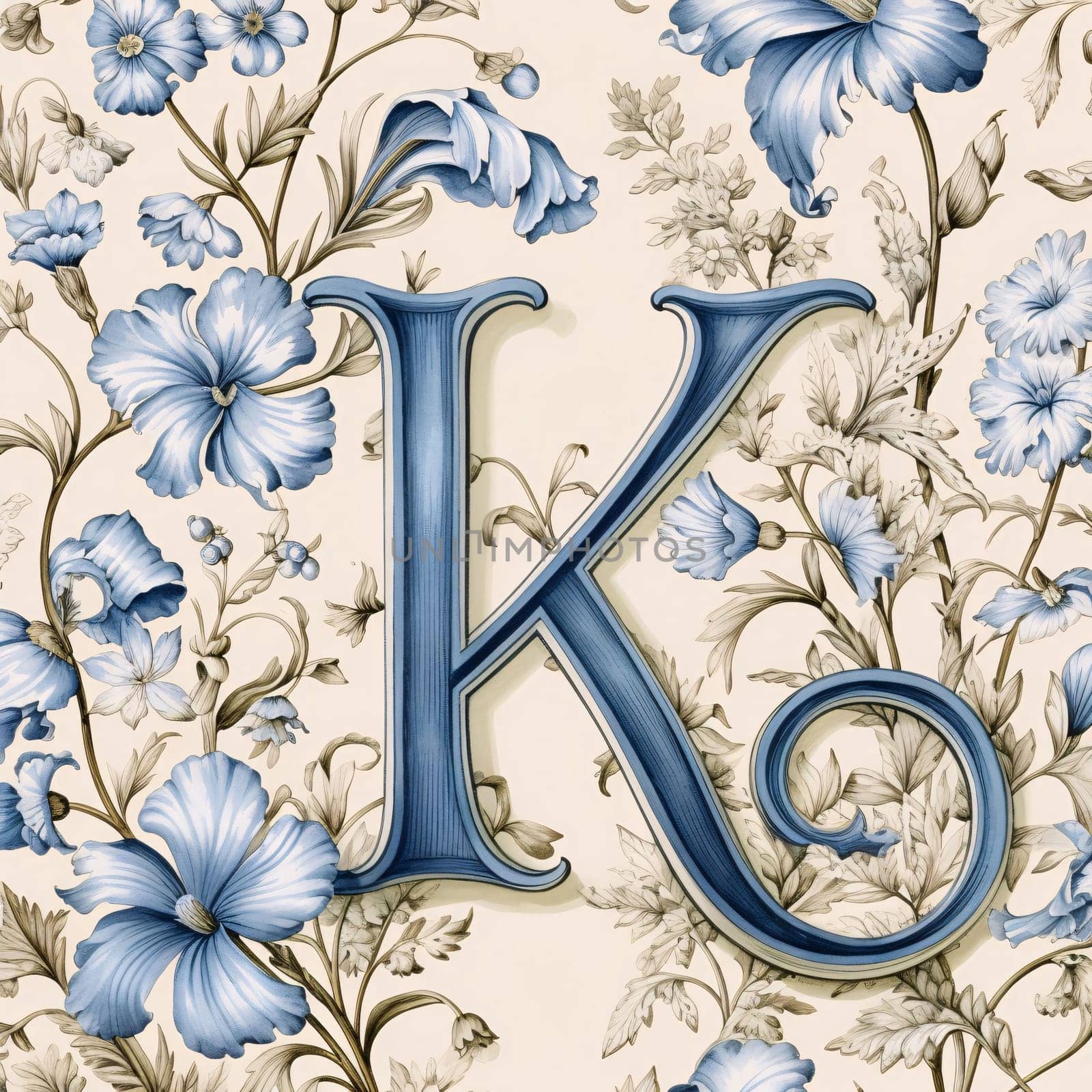 Graphic alphabet letters: Vintage floral capital letter K with blue flowers and leaves on beige background