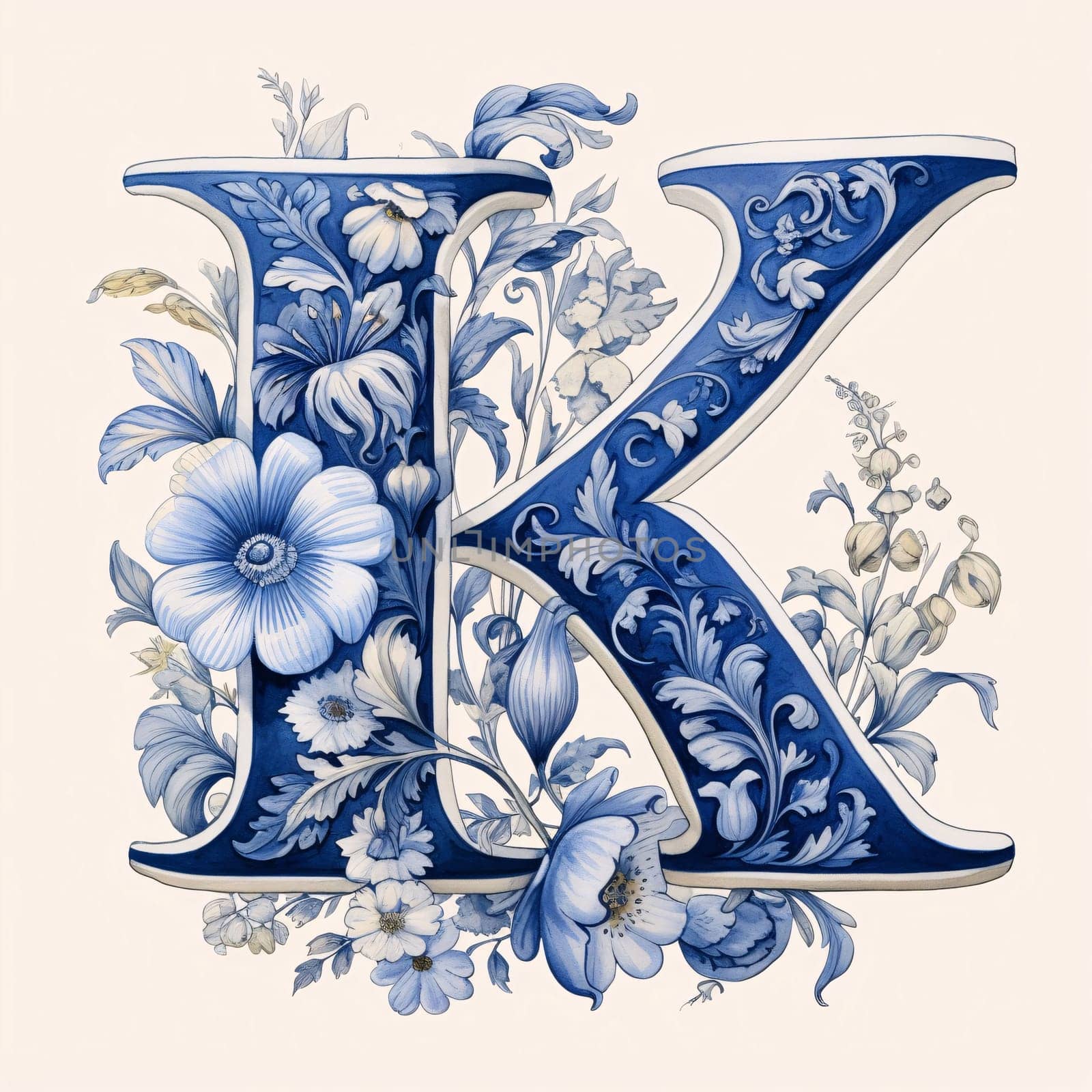 Vintage floral capital letter K with flowers in gzhel style by ThemesS