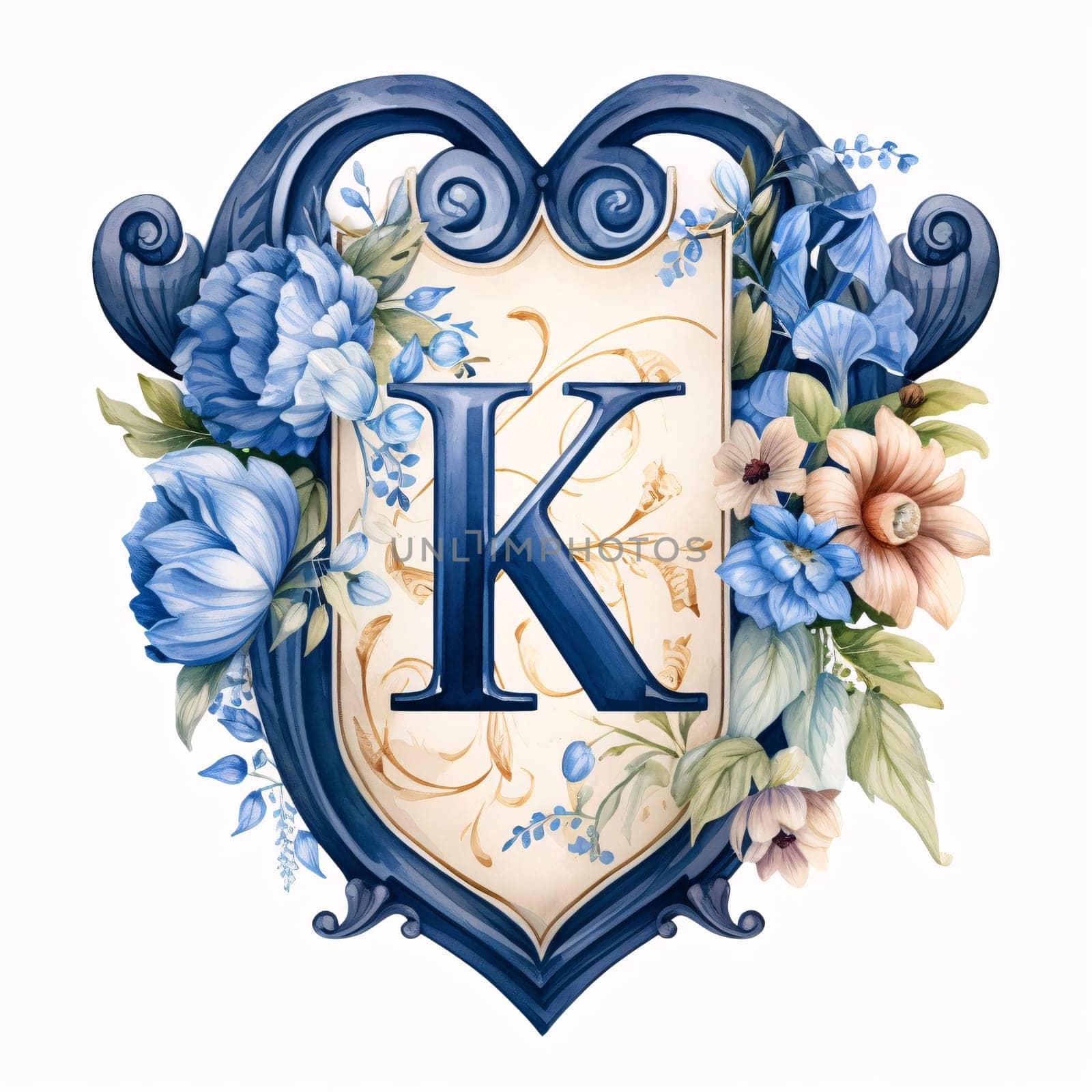 Vintage ornate letter K with flowers and leaves. Illustration by ThemesS